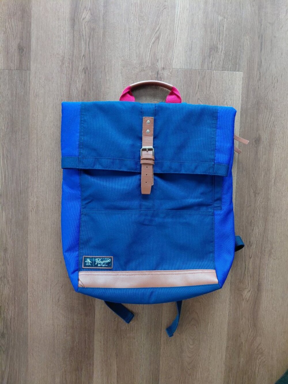 Original Penguin Blue Canvas Backpack | Leather Straps & Closures | Floral Linin